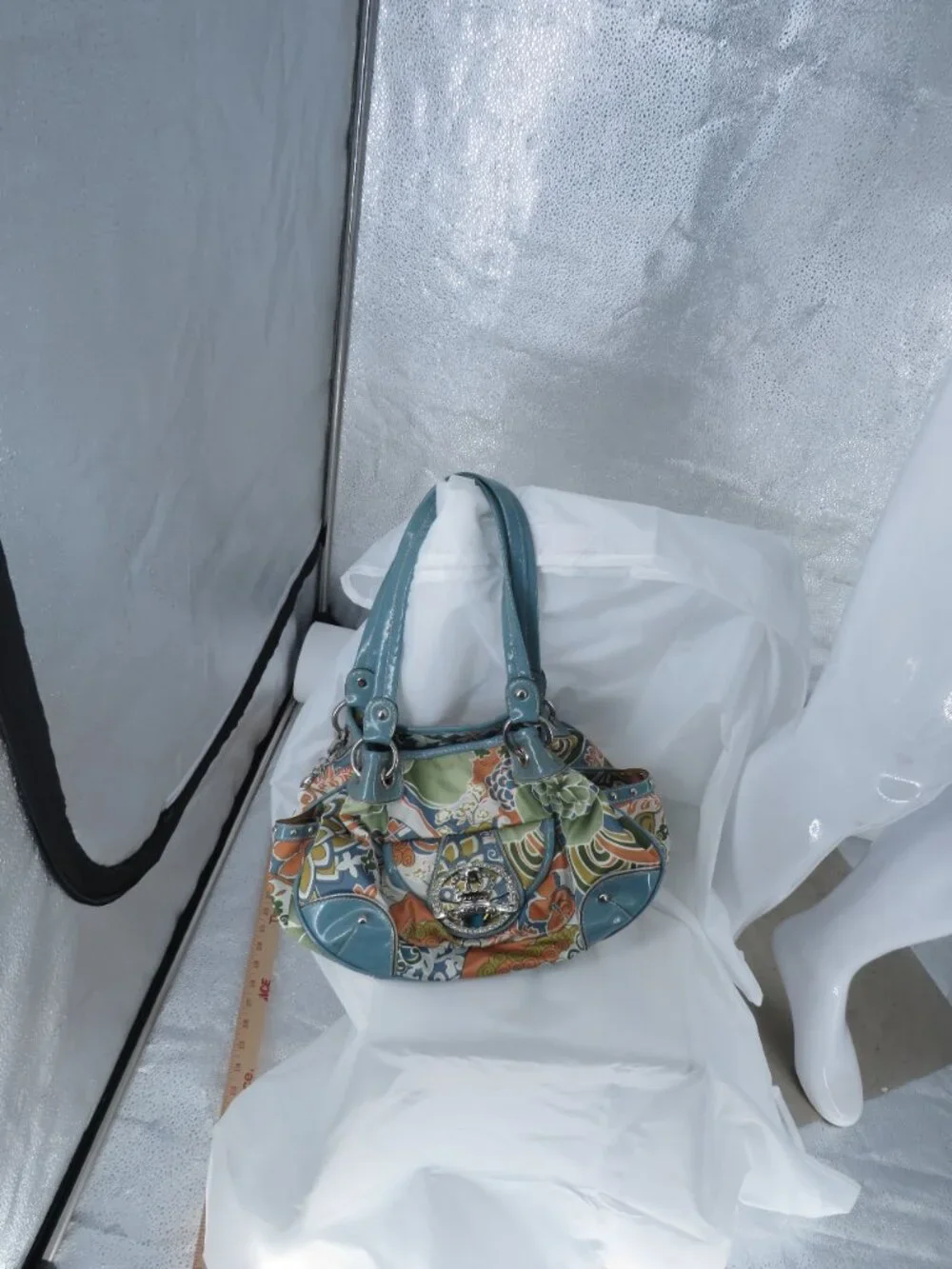 Vintage Kathy Van Zeeland Y2K Floral Hobo Satchel Bag Rhinestone Crown Logo Teal